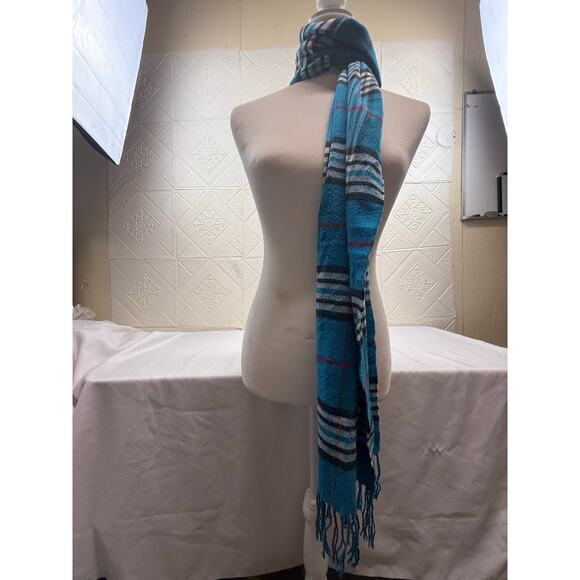 SCARF blue Flannel look teal red black white 12.5 x 65.5" with fringe extra - Picture 7 of 8